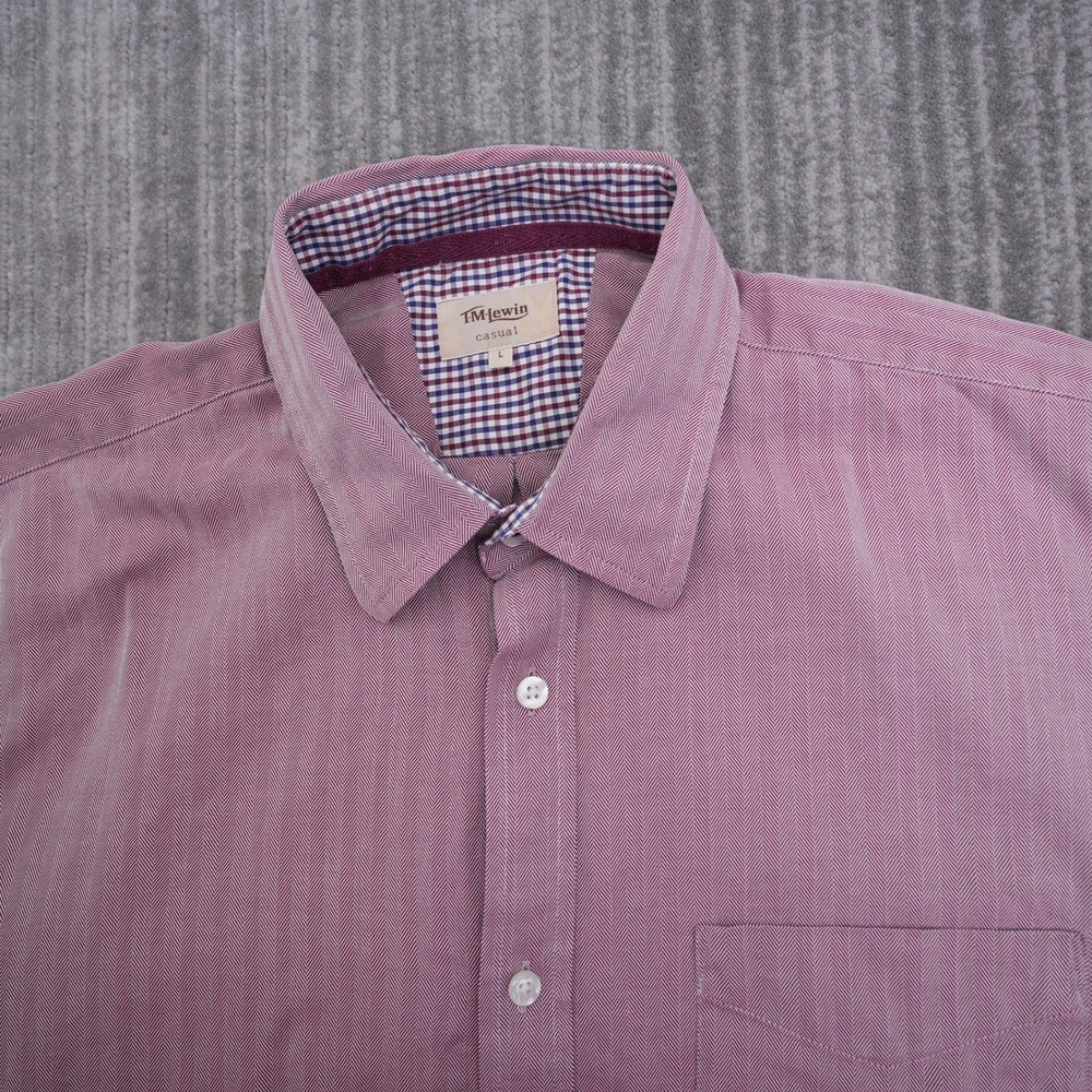 TM Lewin Casual Mens Large Burgundy Herringbone Button Down Shirt Long‎ Sleeve